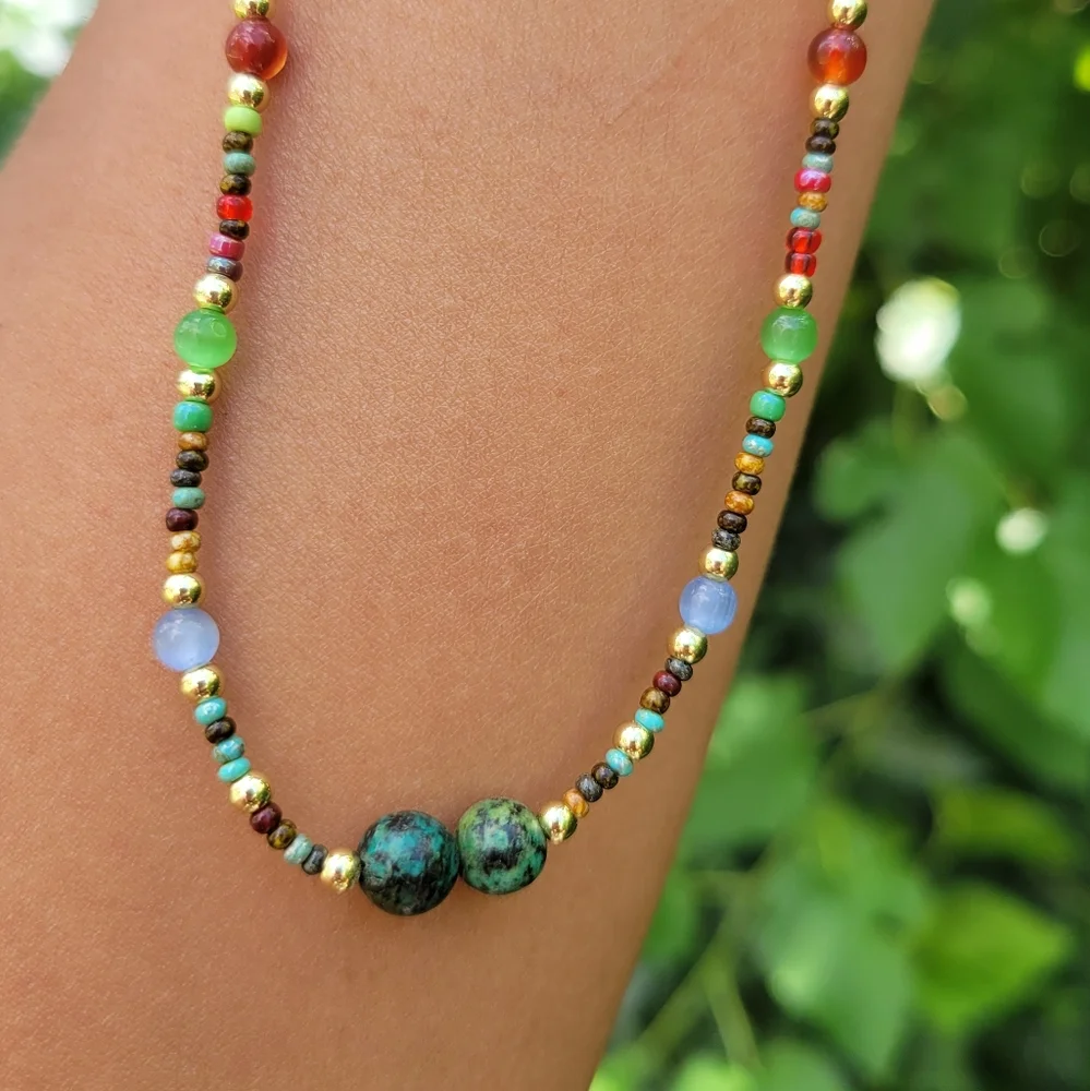 Bohemian Multicolor Picasso Jasper Seed Bead & Turquoise Necklace. - Picture 4 of 6
